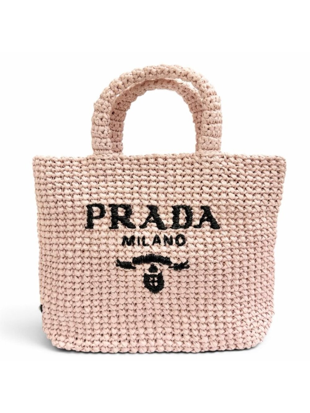 Prada Small Clochette Raffia Triangle Logo Tote Bag Pink Black